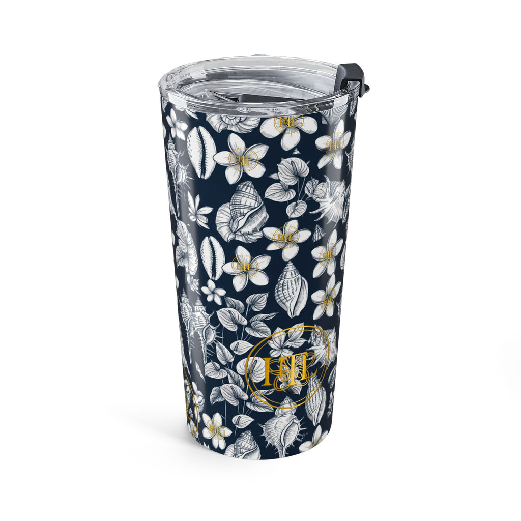 20oz Floral Seashell Tumbler — Navy Plumeria Monogram Travel Cup