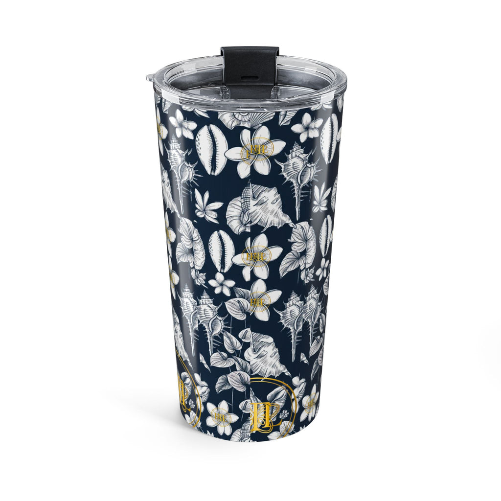 20oz Floral Seashell Tumbler — Navy Plumeria Monogram Travel Cup