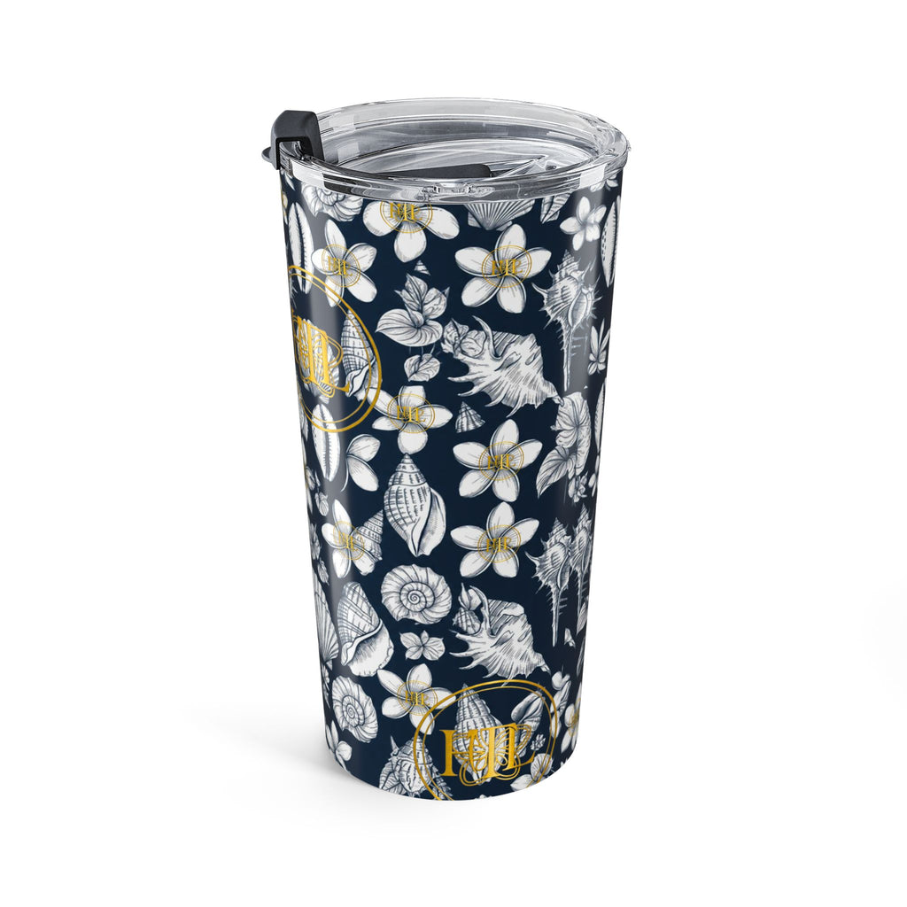 20oz Floral Seashell Tumbler — Navy Plumeria Monogram Travel Cup
