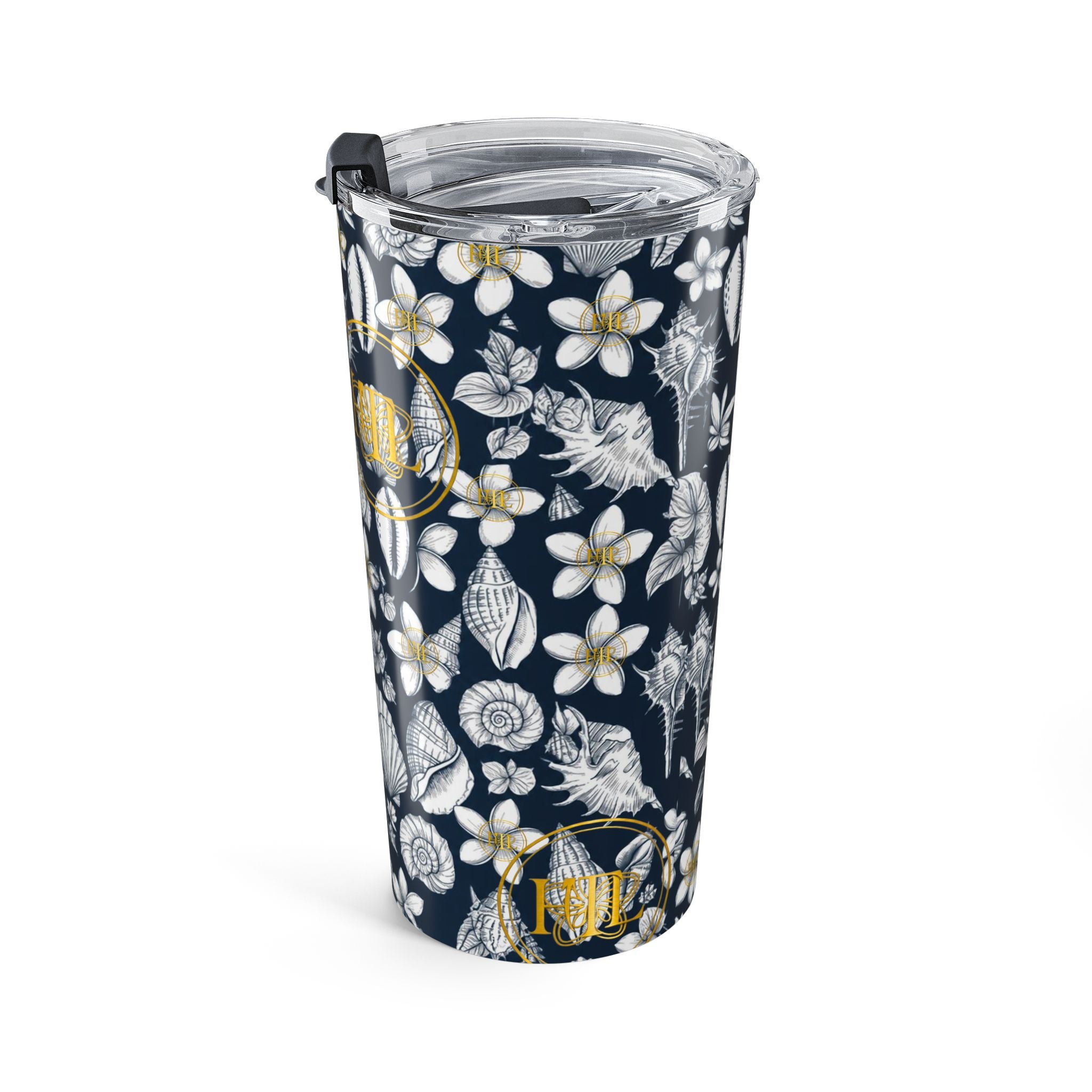 20oz Floral Seashell Tumbler — Navy Plumeria Monogram Travel Cup