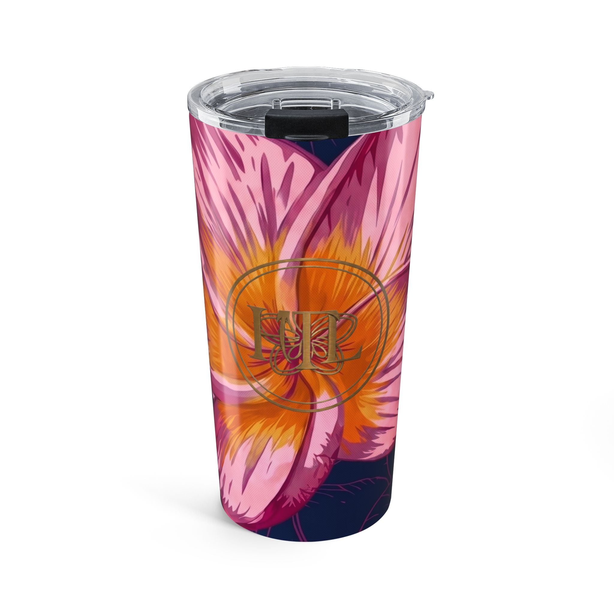 20oz Blue Tiapnie Tumbler — Navy Plumeria Monogram Travel Cup