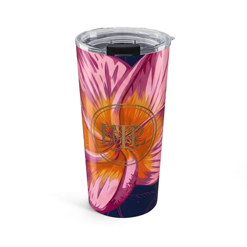 20oz Blue Tiapnie Tumbler — Navy Plumeria Monogram Travel Cup