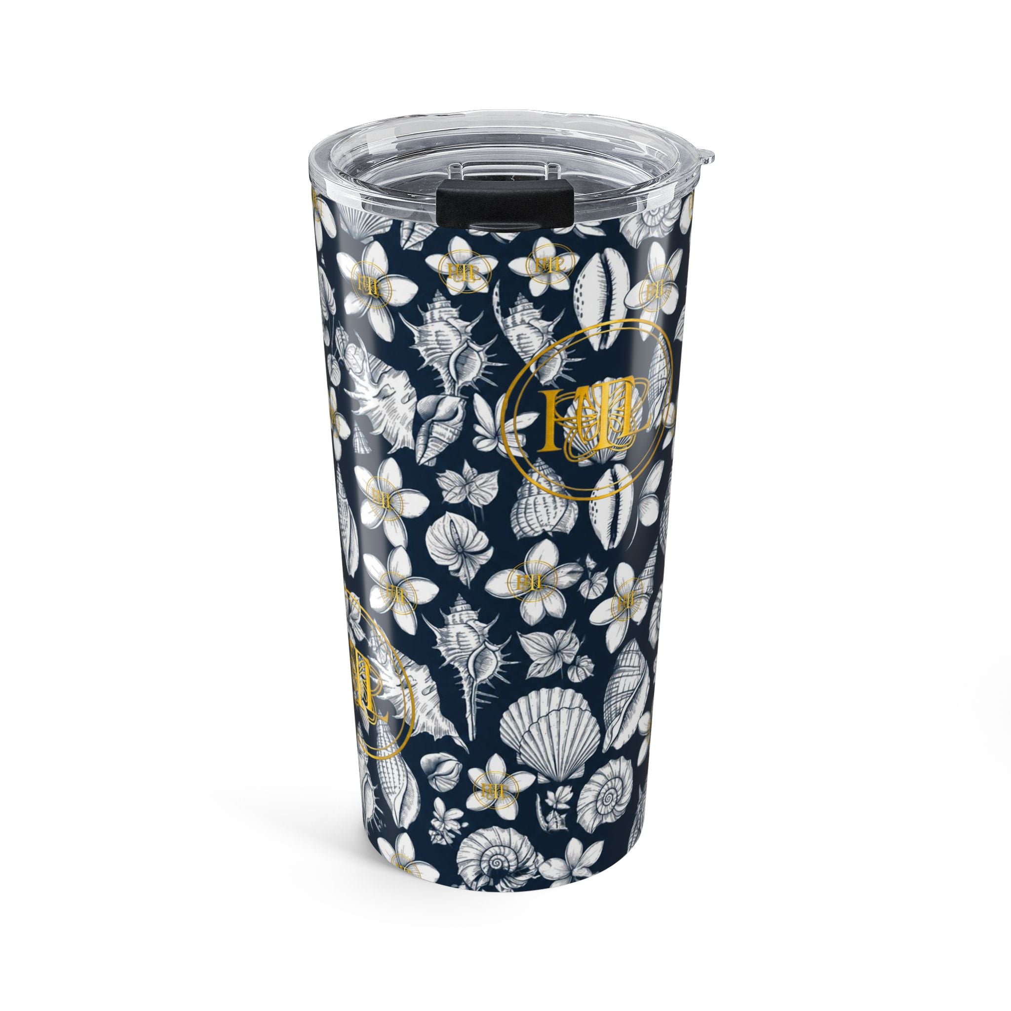 20oz Floral Seashell Tumbler — Navy Plumeria Monogram Travel Cup