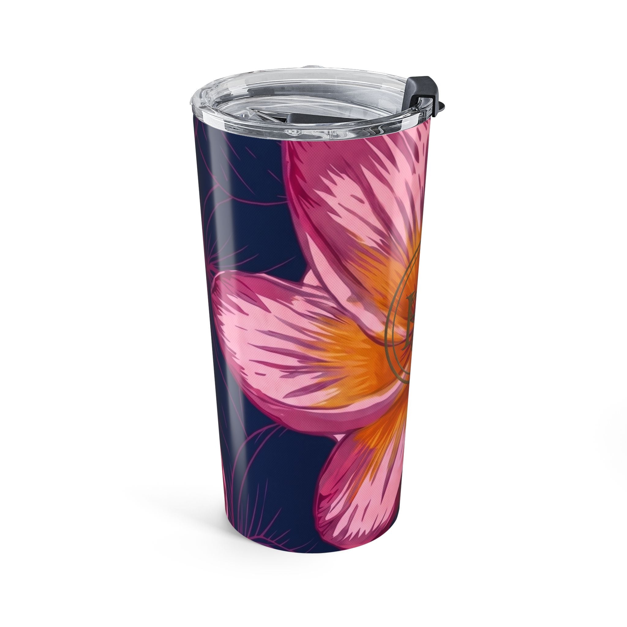 20oz Blue Tiapnie Tumbler — Navy Plumeria Monogram Travel Cup