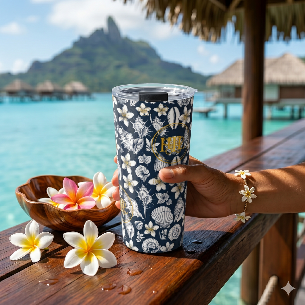 20oz Floral Seashell Tumbler — Navy Plumeria Monogram Travel Cup