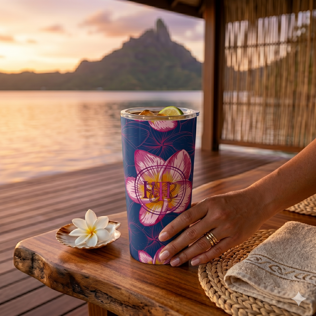 20oz Blue Tiapnie Tumbler — Navy Plumeria Monogram Travel Cup